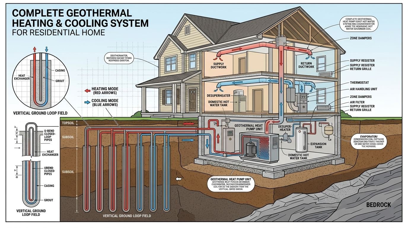 Geothermal system diagram showing underground loop and heat pump
